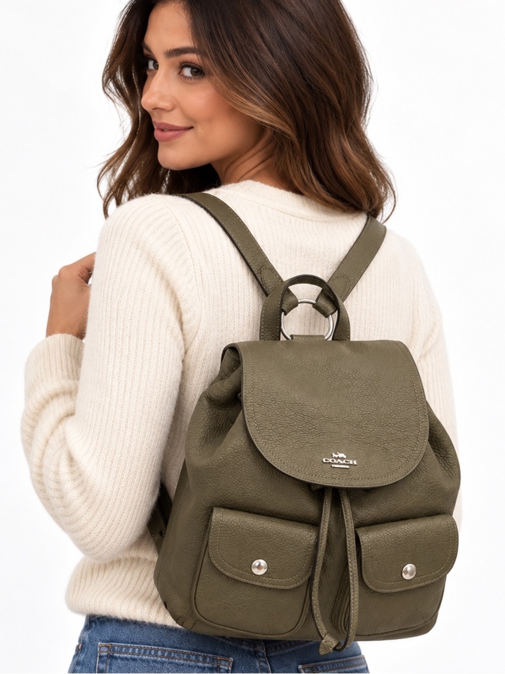 COACH Pebbled Leather Pennie Drawstring Backpack Olive Green